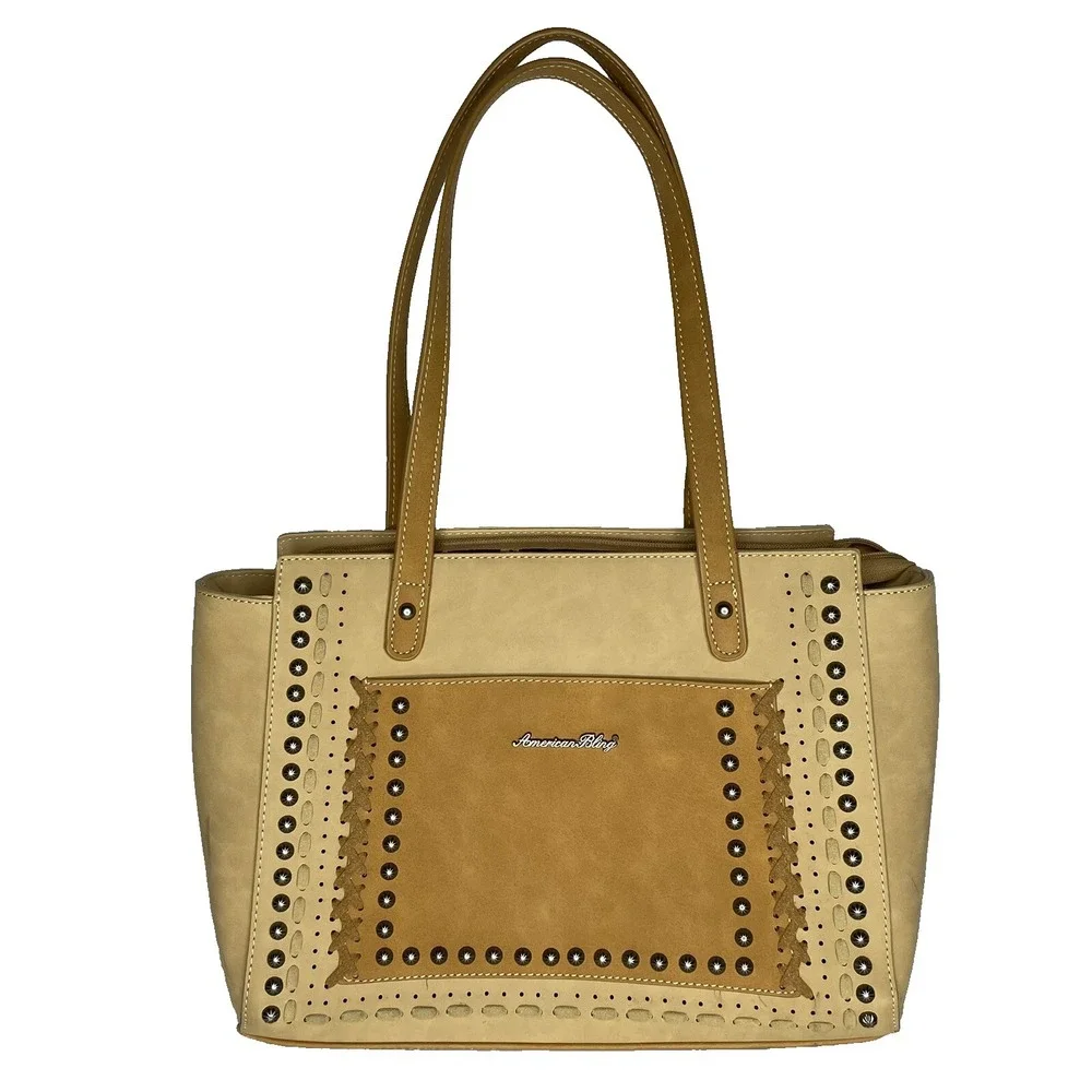 American Bling Concealed Carry Tan Purse Studded Detail Shoulder Bag Zip Closure
